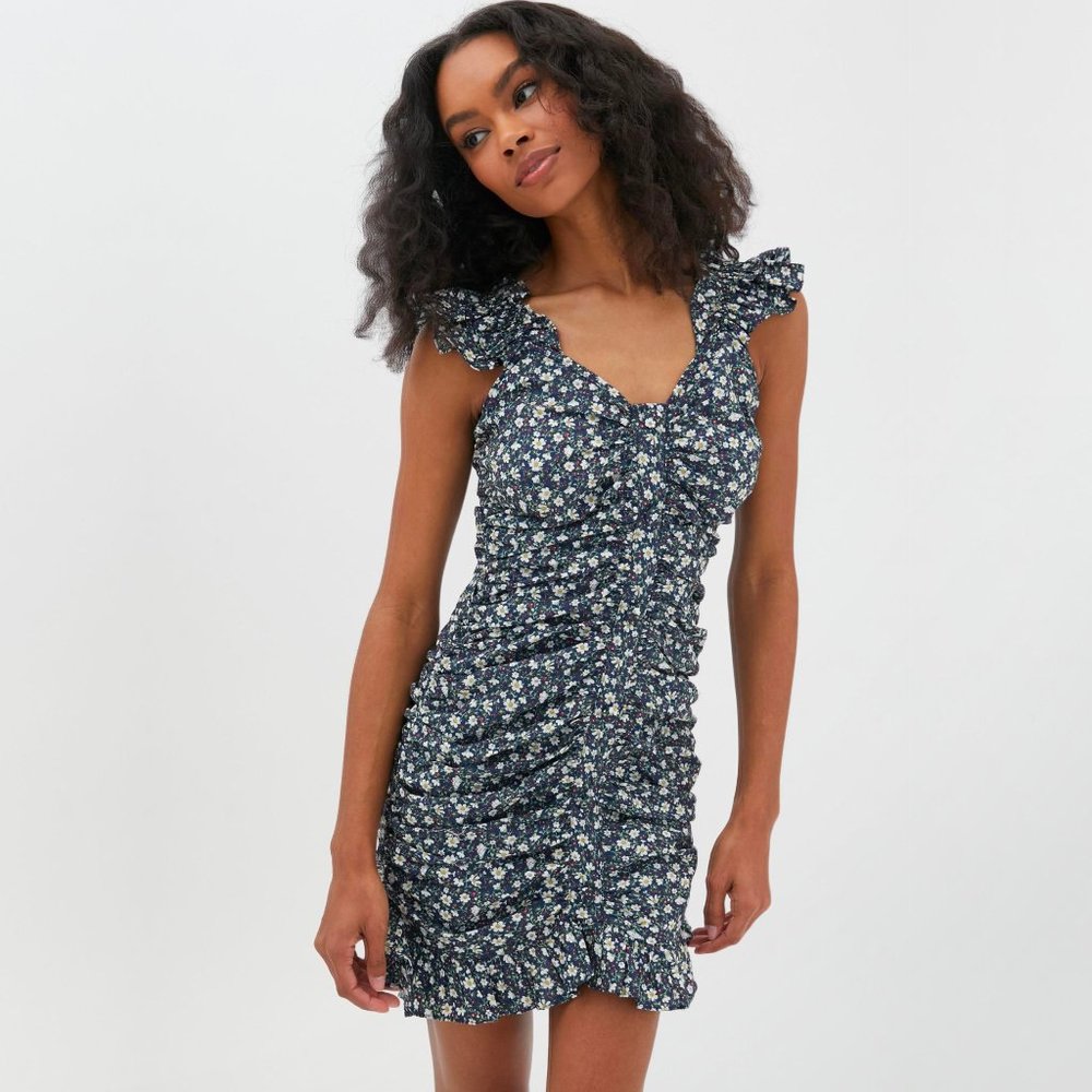 Dress Forum Bohemian Ruched Ditsy Daisy Floral Print Ruffled Hem Mini Dress